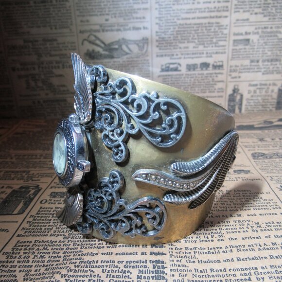 Steampunk Large Wrist Cuff Watch Face Wings Ornate Filigree Chunky Bracelet - Picture 10 of 15
